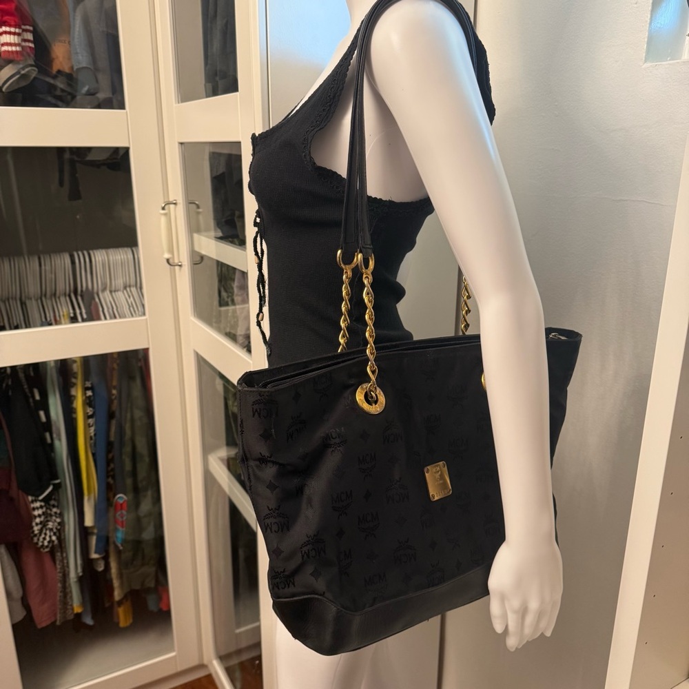 MCM Tote Bag Black Nylon Canvas Chain Ladies